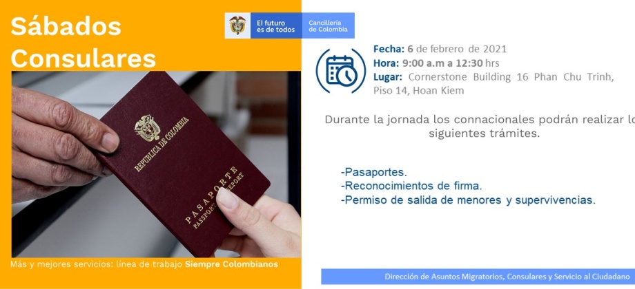 Jornada de Sábado Consular el 6 de febrero en la sede del Consulado de Colombia