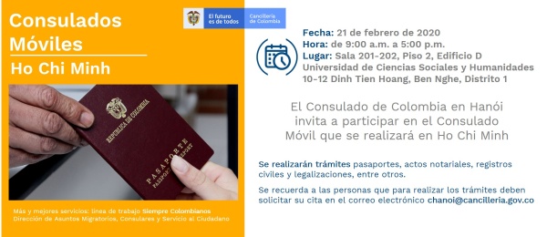 Consulado de Colombia en Hanói realizará una jornada móvil en Ho Chi Minh el 21 de febrero de 2020